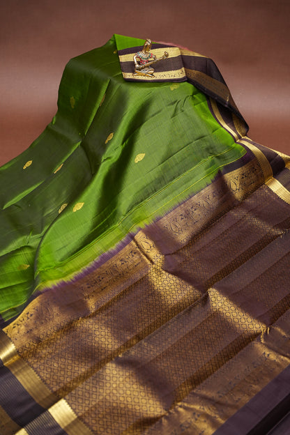 Pure Kanchipuram Silk Saree - Leaf Green & Coffee| Silk Mark Certified