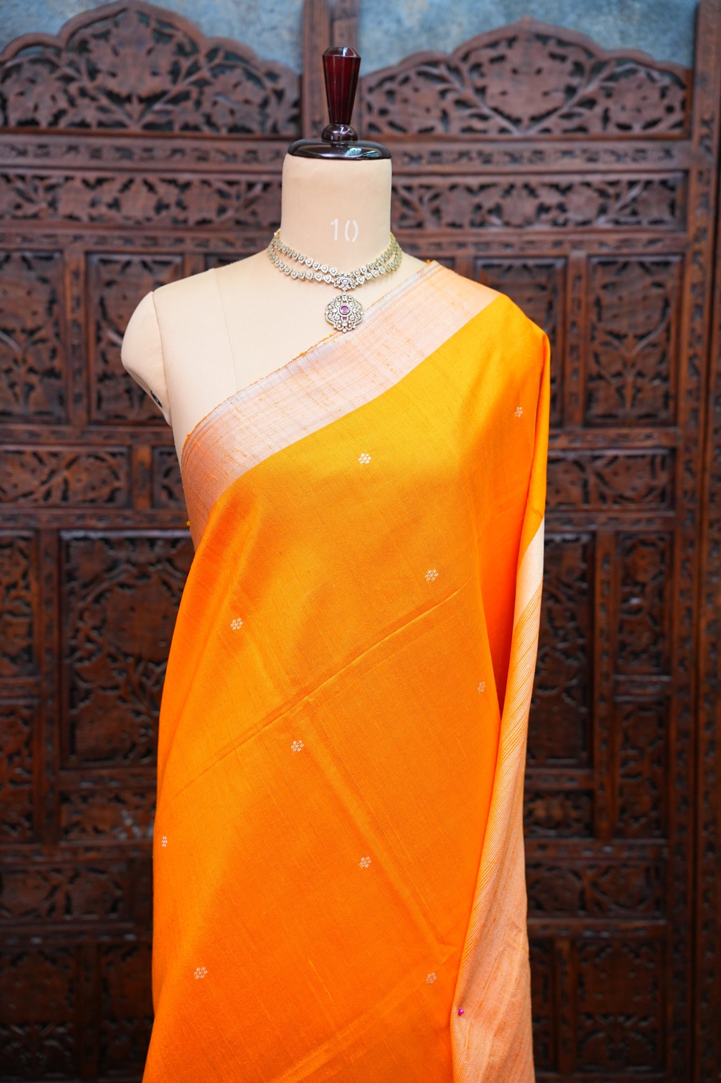 Pure Raw Silk Saree with Minimalist Silver Zari Border – Orange & White
