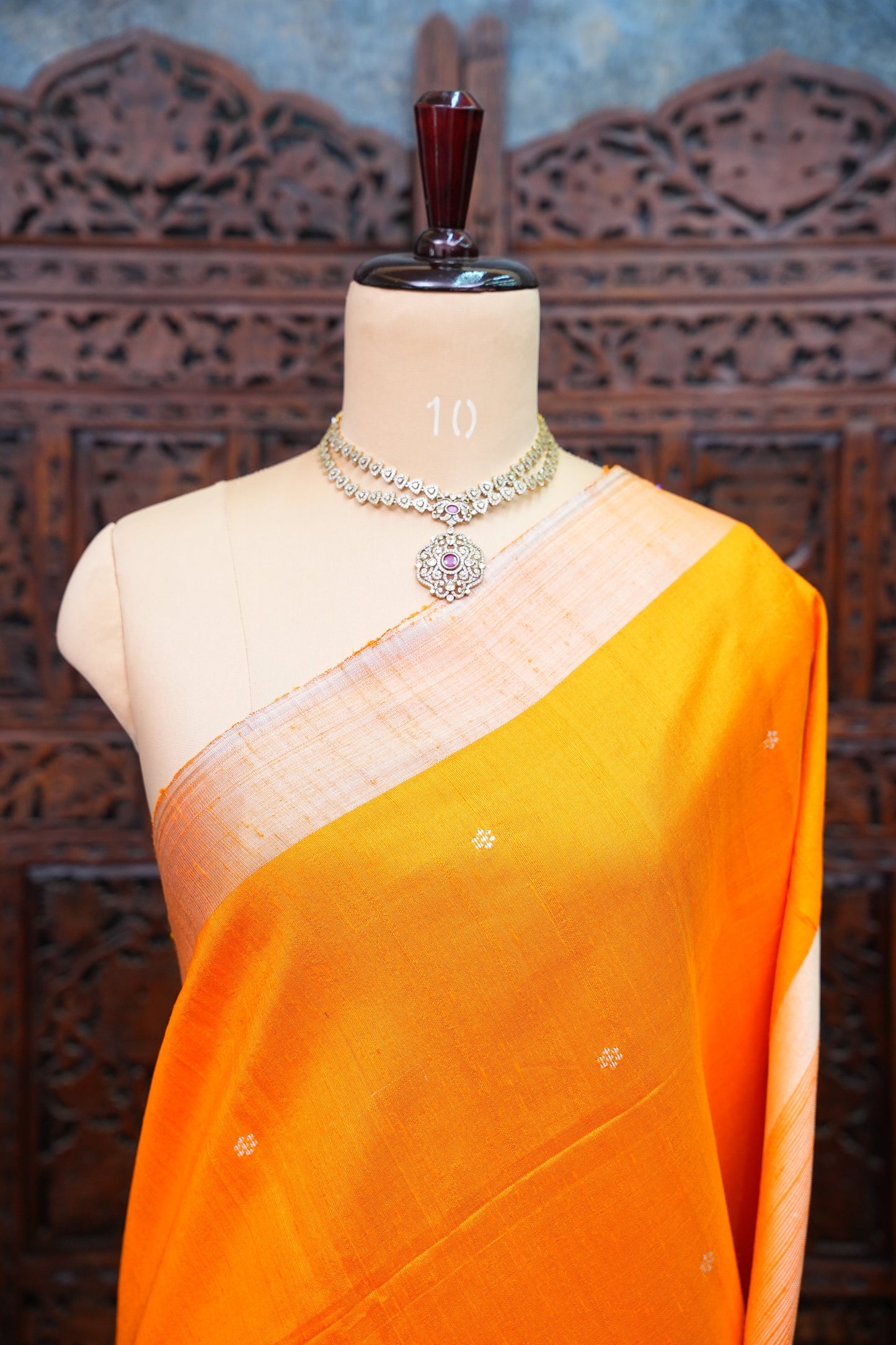 Pure Raw Silk Saree with Minimalist Silver Zari Border – Orange & White