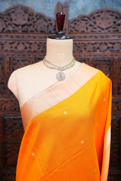 Pure Raw Silk Saree with Minimalist Silver Zari Border – Orange & White