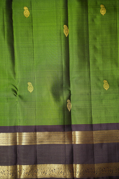 Pure Kanchipuram Silk Saree - Leaf Green & Coffee| Silk Mark Certified