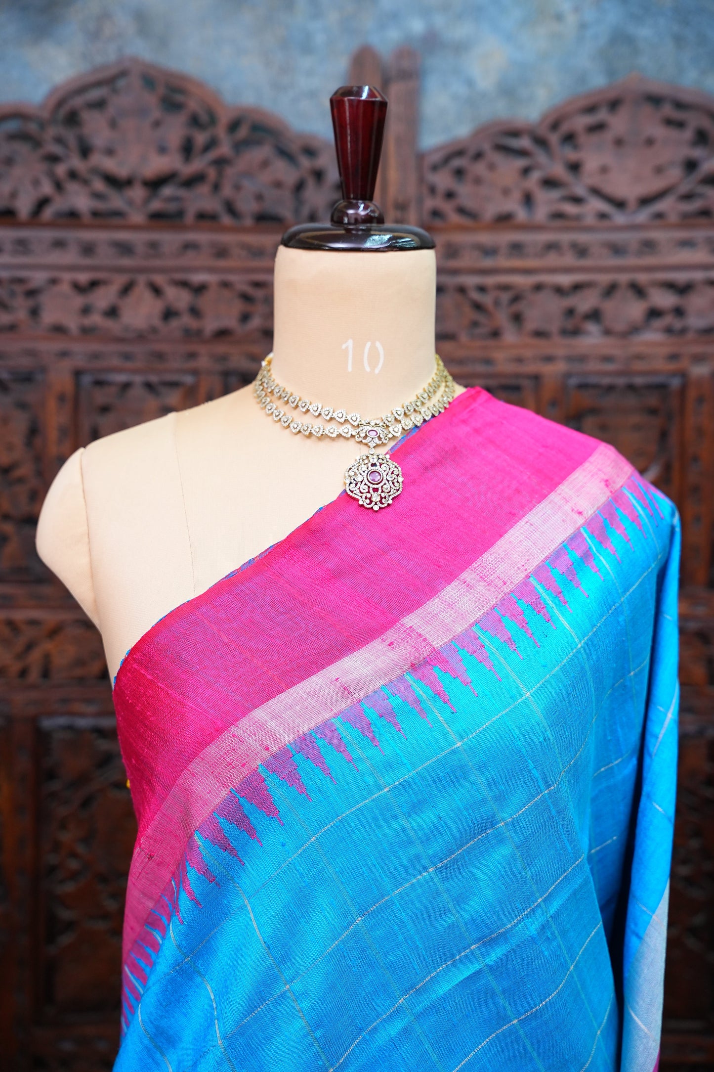 Pure Raw Silk Saree with Contrast Silver Zari Border – Sky Blue & Rani Pink