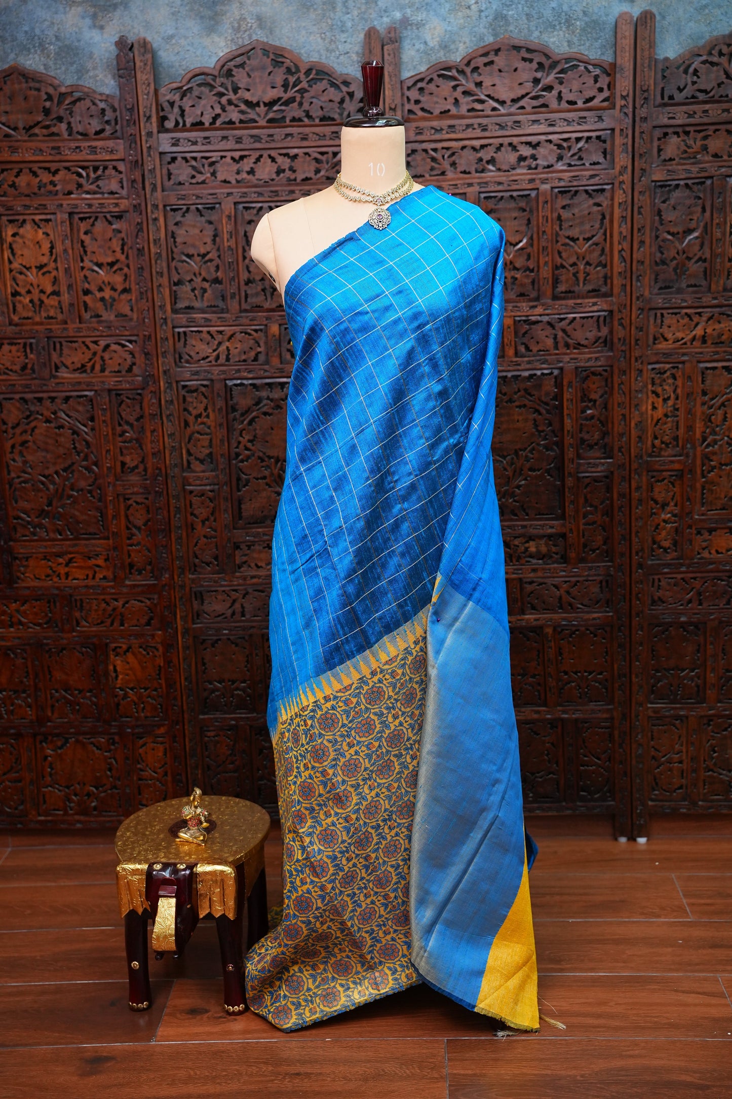 Pure Raw Silk Saree with Gold Checks – Royal Blue & Mustard Yellow