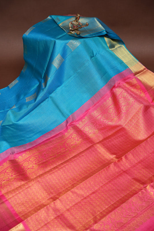 Pure Kanchipuram Silk Saree - Blue & Pink| Silk Mark Certified