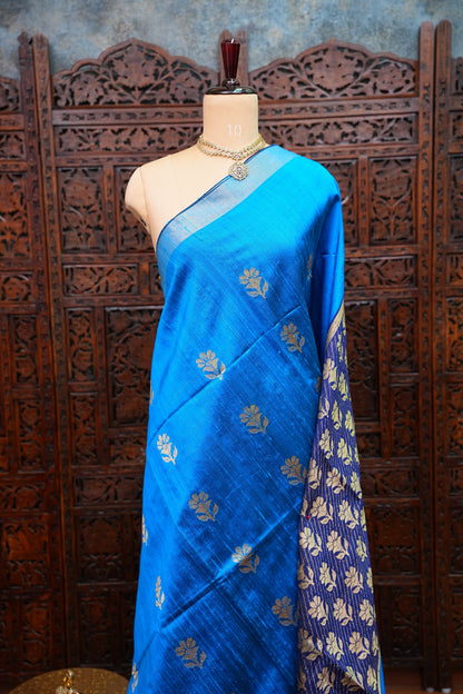 Pure Raw Silk Saree with Gold Buttas & Brocade Pallu – Blue and Navy