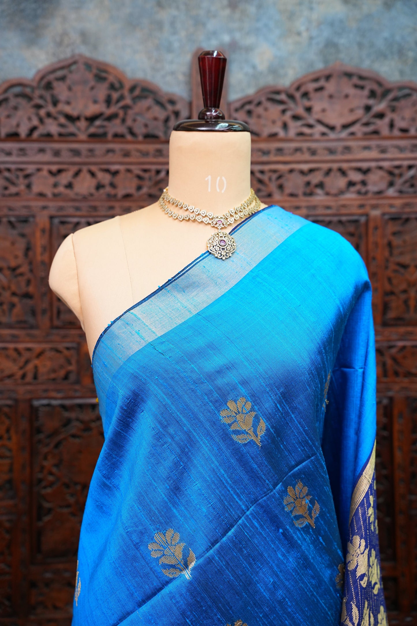 Pure Raw Silk Saree with Gold Buttas & Brocade Pallu – Blue and Navy
