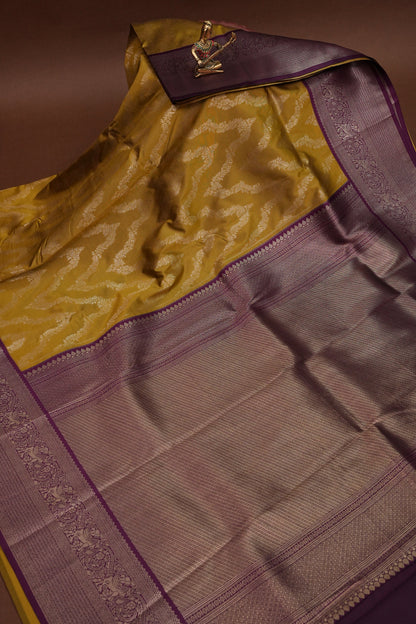Kanchivaram Semi Silk Saree - Mustard with Wine