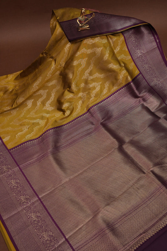 Kanchivaram Semi Silk Saree - Mustard with Wine
