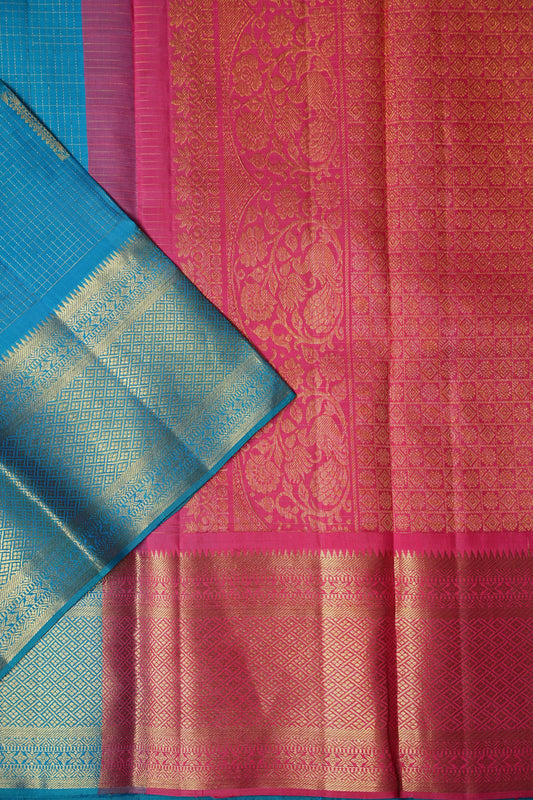 Pure Kanchipuram Silk Saree - Blue & Pink| Silk Mark Certified