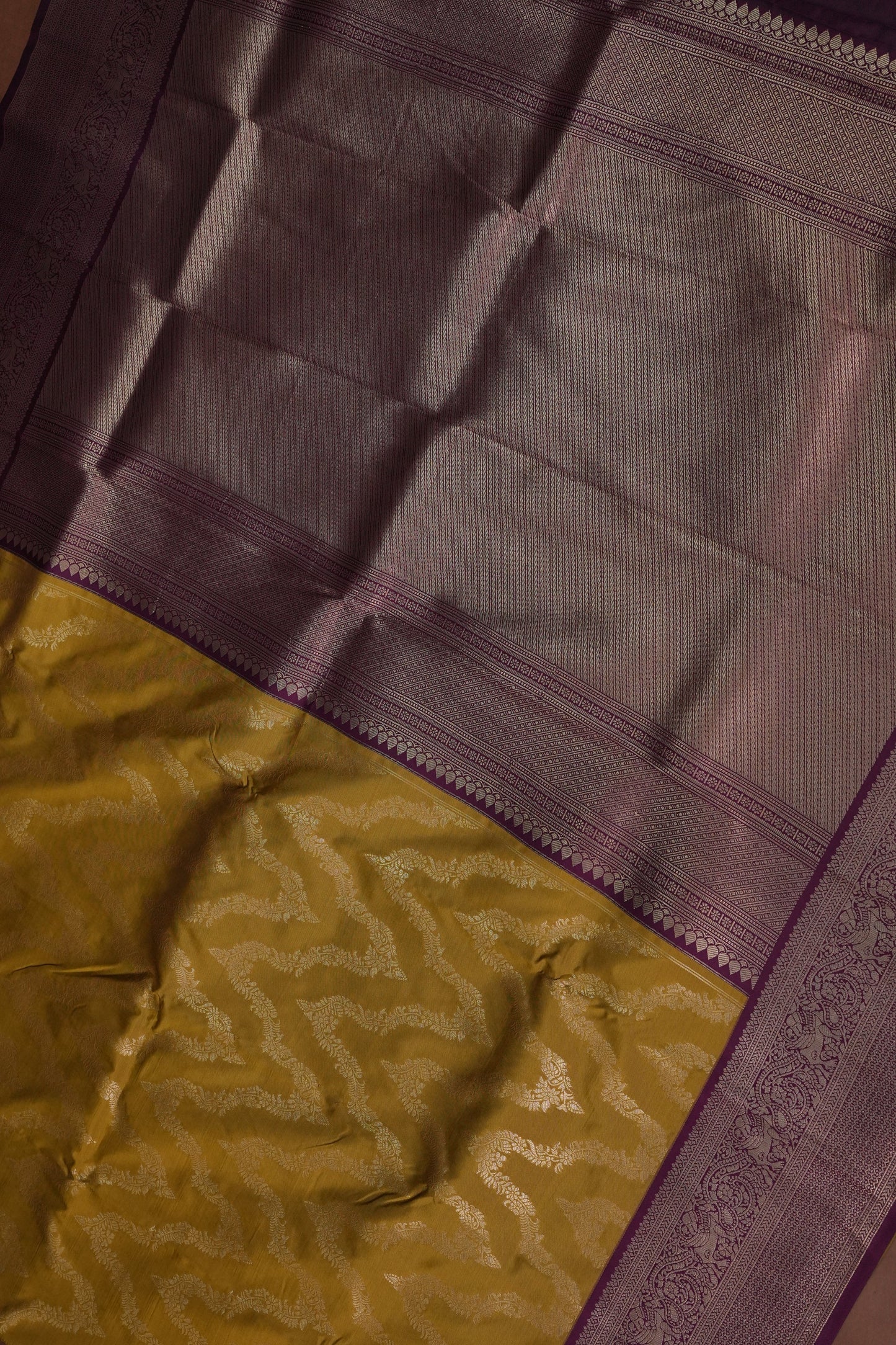 Kanchivaram Semi Silk Saree - Mustard with Wine