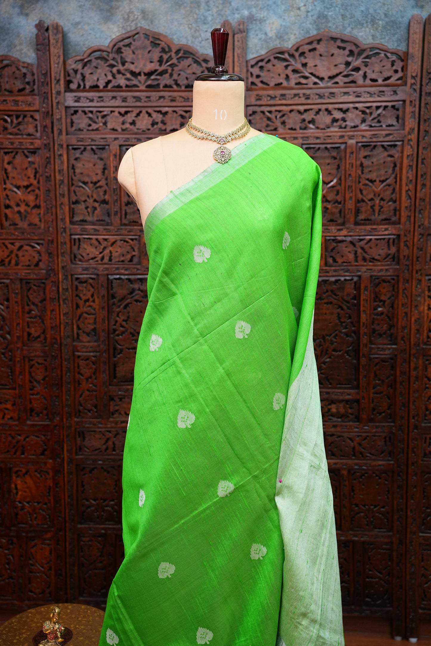 Pure Raw Silk Saree – Green & White