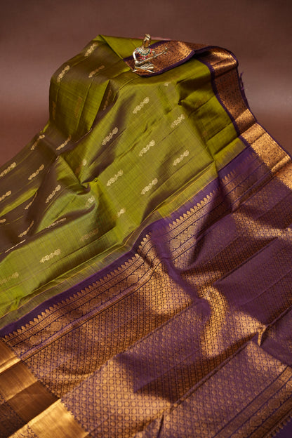 Pure Kanchipuram Silk Saree - Olive Green & Coffee| Silk Mark Certified