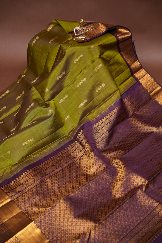 Pure Kanchipuram Silk Saree - Olive Green & Coffee| Silk Mark Certified