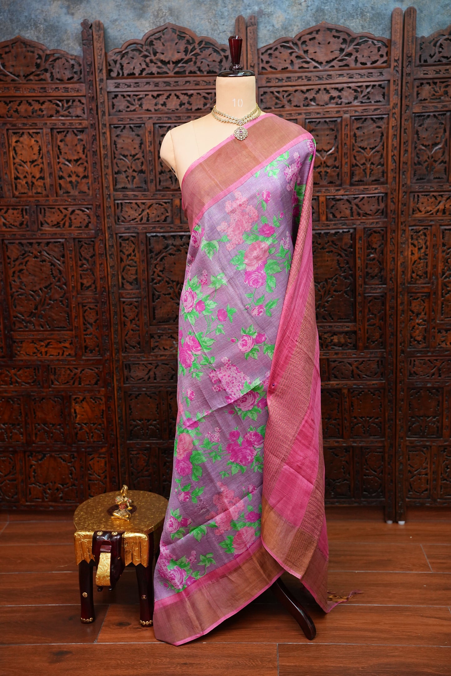Pure Tussar Silk Saree with Floral Prints | Silk Mark Certified - Lavender & Pink