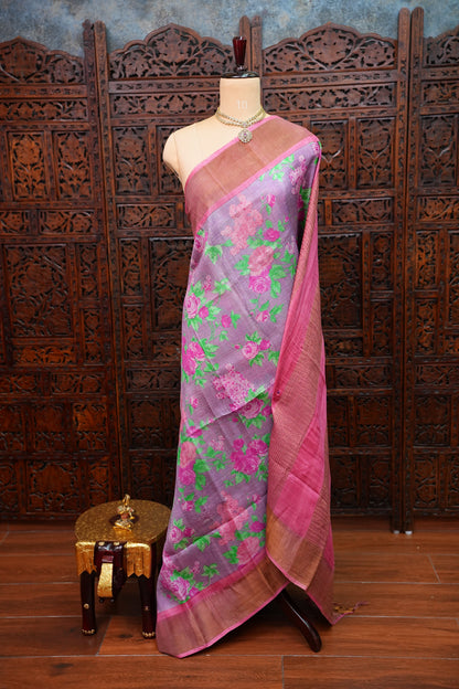 Pure Tussar Silk Saree with Floral Prints | Silk Mark Certified - Lavender & Pink