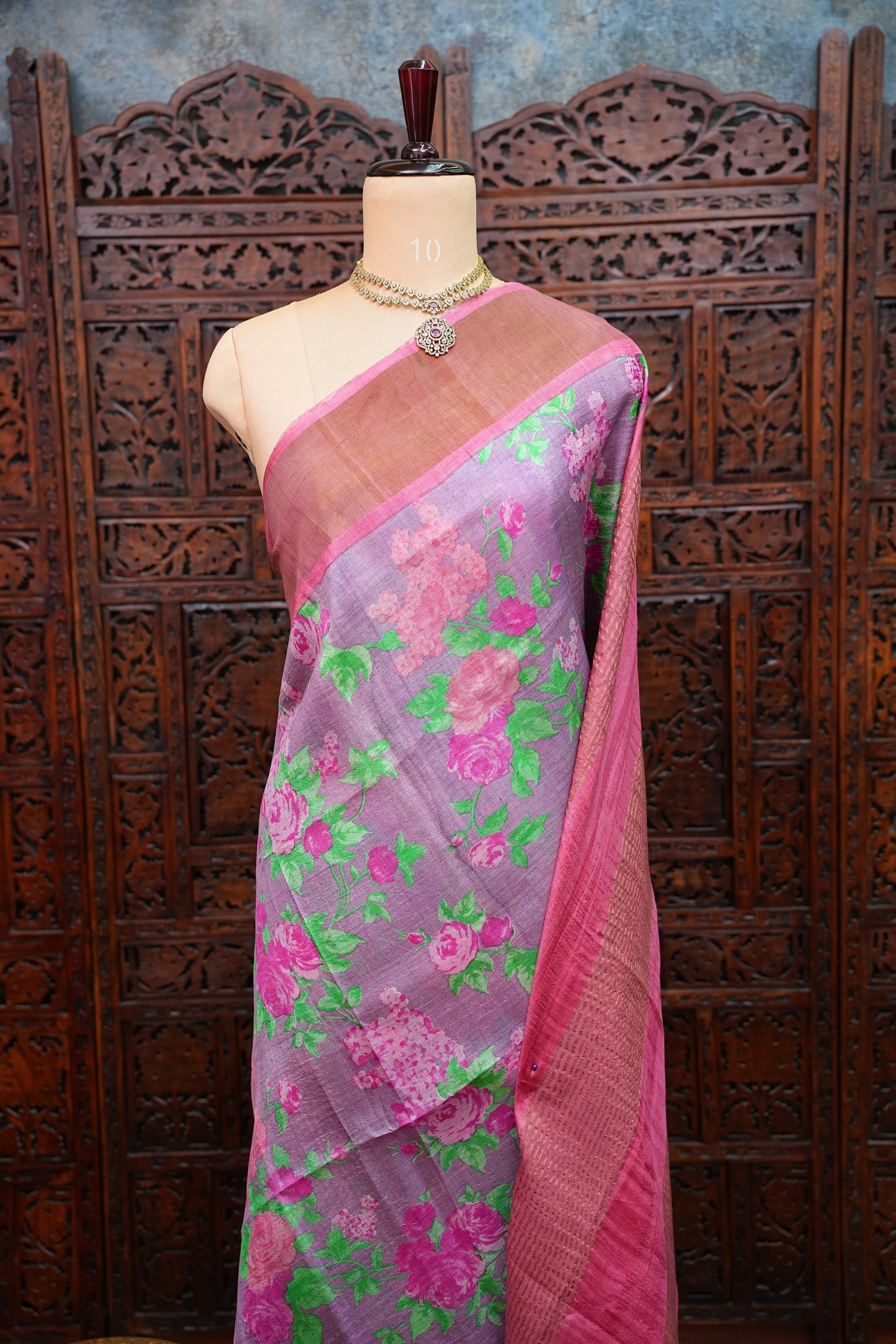 Pure Tussar Silk Saree with Floral Prints | Silk Mark Certified - Lavender & Pink