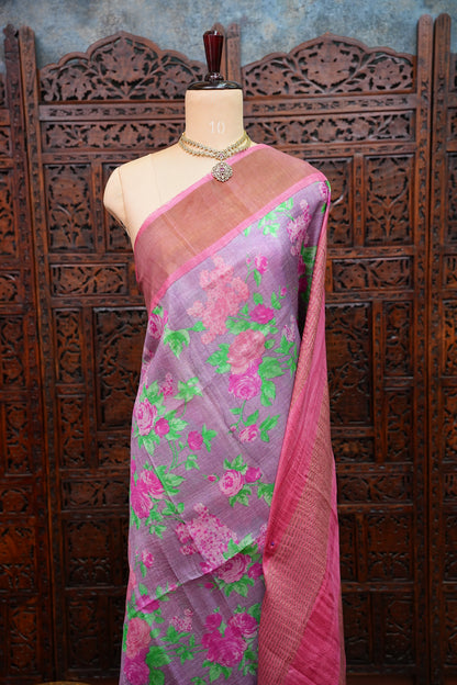Pure Tussar Silk Saree with Floral Prints | Silk Mark Certified - Lavender & Pink