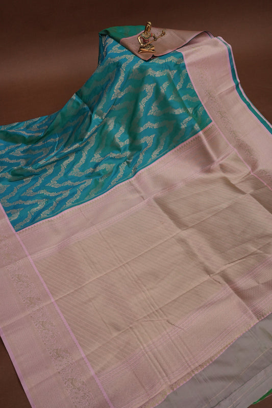 Kanchivaram Semi Silk Saree - Turquoise Green with Baby Pink