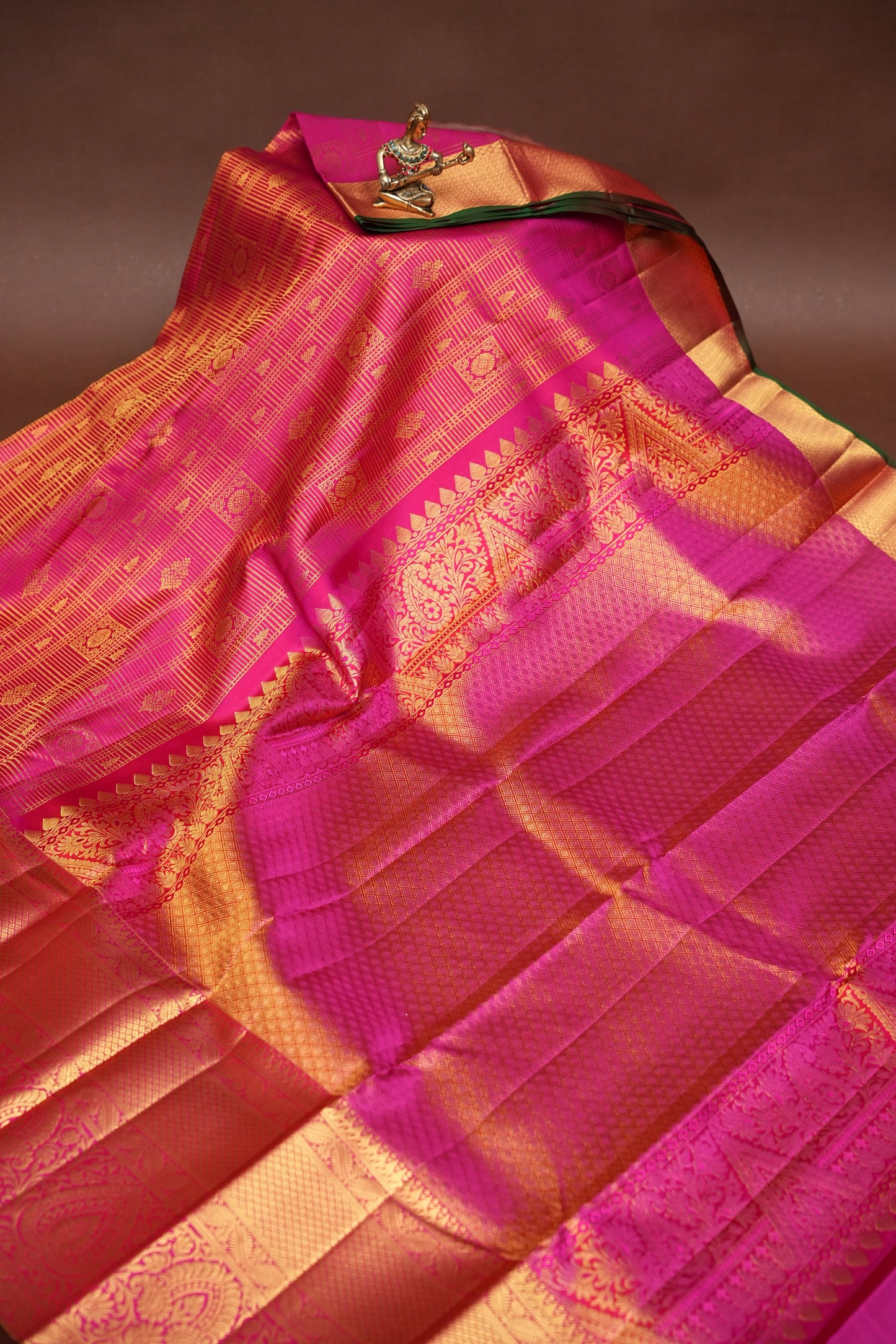 Pure Kanchipuram Brocade Silk Saree - Hot Pink & Green| Silk Mark Certified