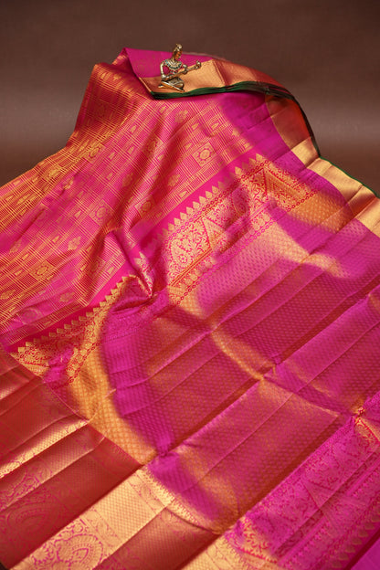 Pure Kanchipuram Brocade Silk Saree - Hot Pink & Green| Silk Mark Certified