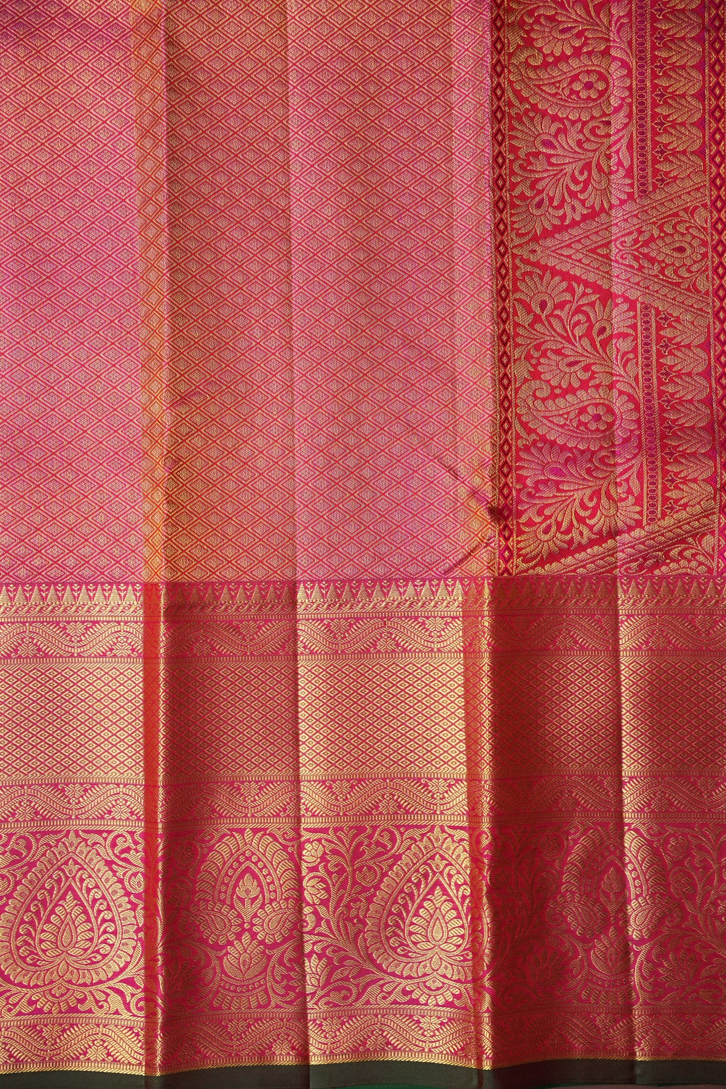 Pure Kanchipuram Brocade Silk Saree - Hot Pink & Green| Silk Mark Certified