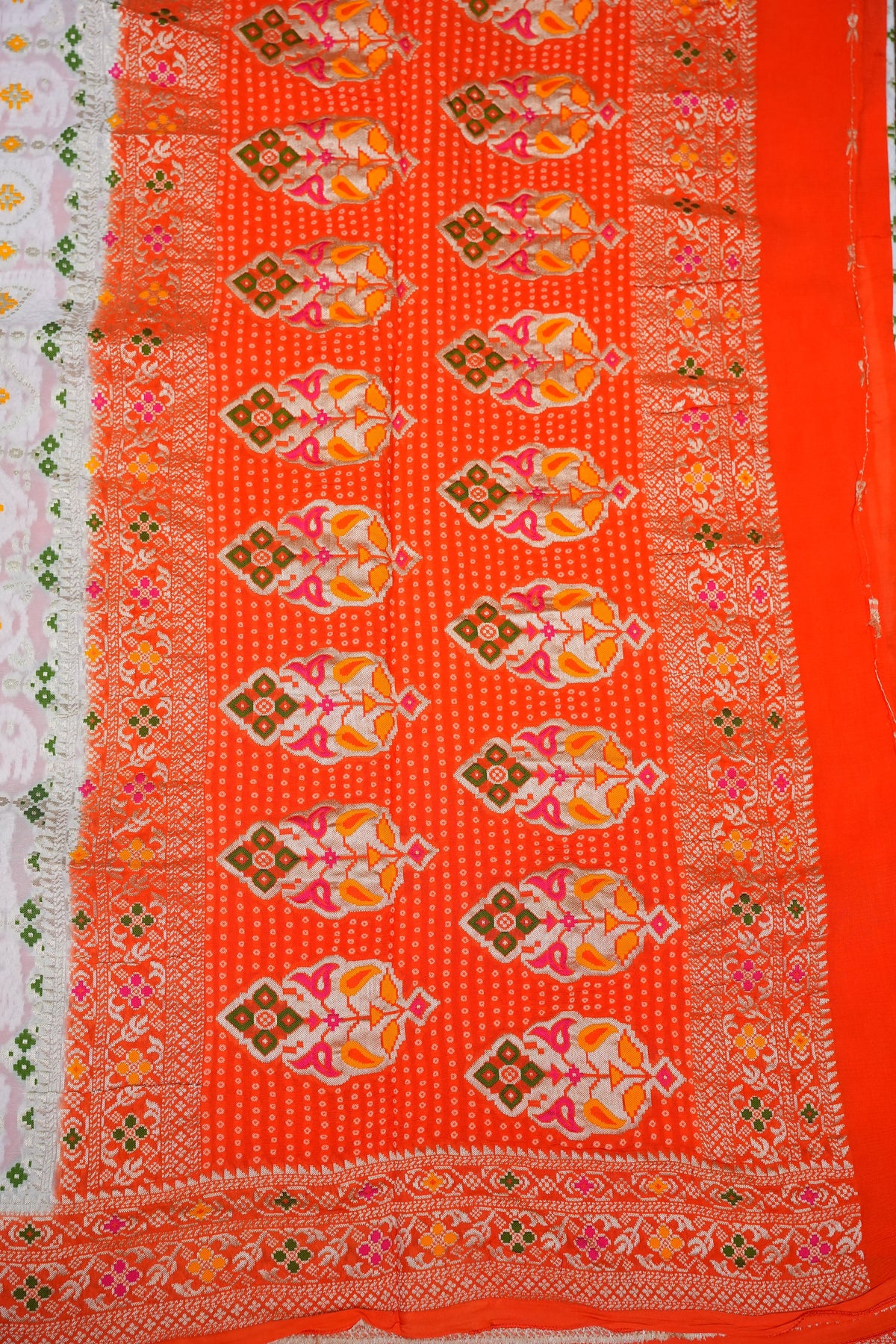 Heavy Georgette Banarasi Saree with Geometric Jaal Weaving – White & Bright Orange