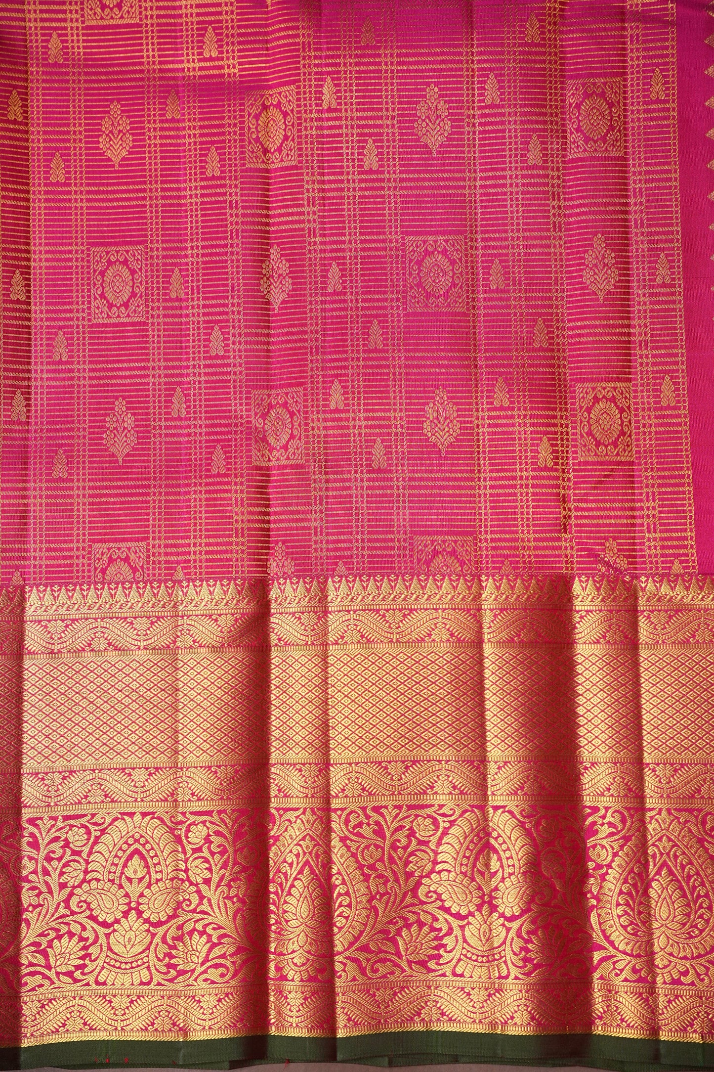 Pure Kanchipuram Brocade Silk Saree - Hot Pink & Green| Silk Mark Certified