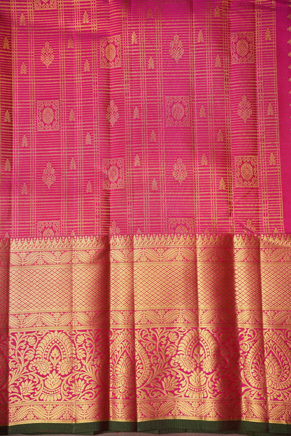 Pure Kanchipuram Brocade Silk Saree - Hot Pink & Green| Silk Mark Certified