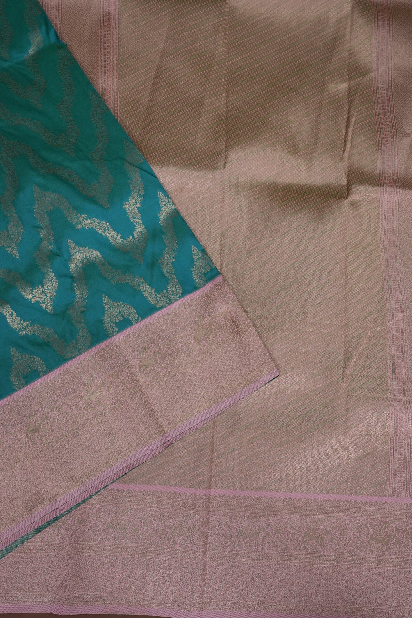 Kanchivaram Semi Silk Saree - Turquoise Green with Baby Pink