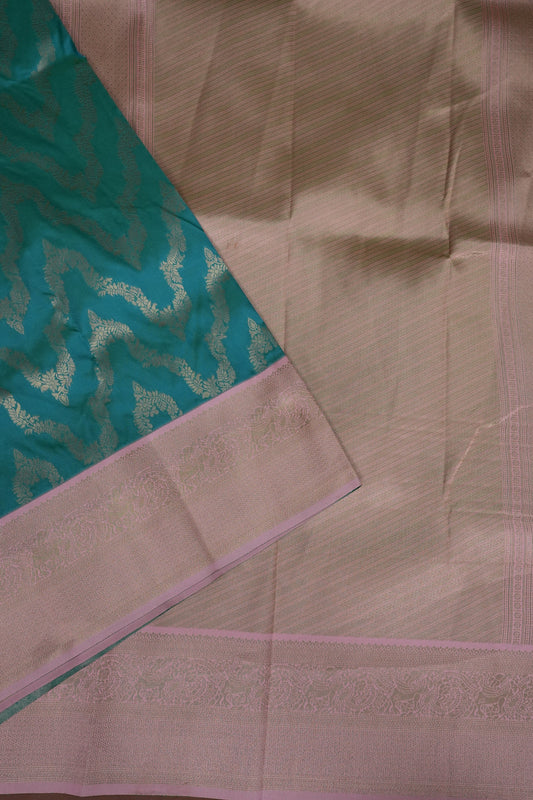 Kanchivaram Semi Silk Saree - Turquoise Green with Baby Pink
