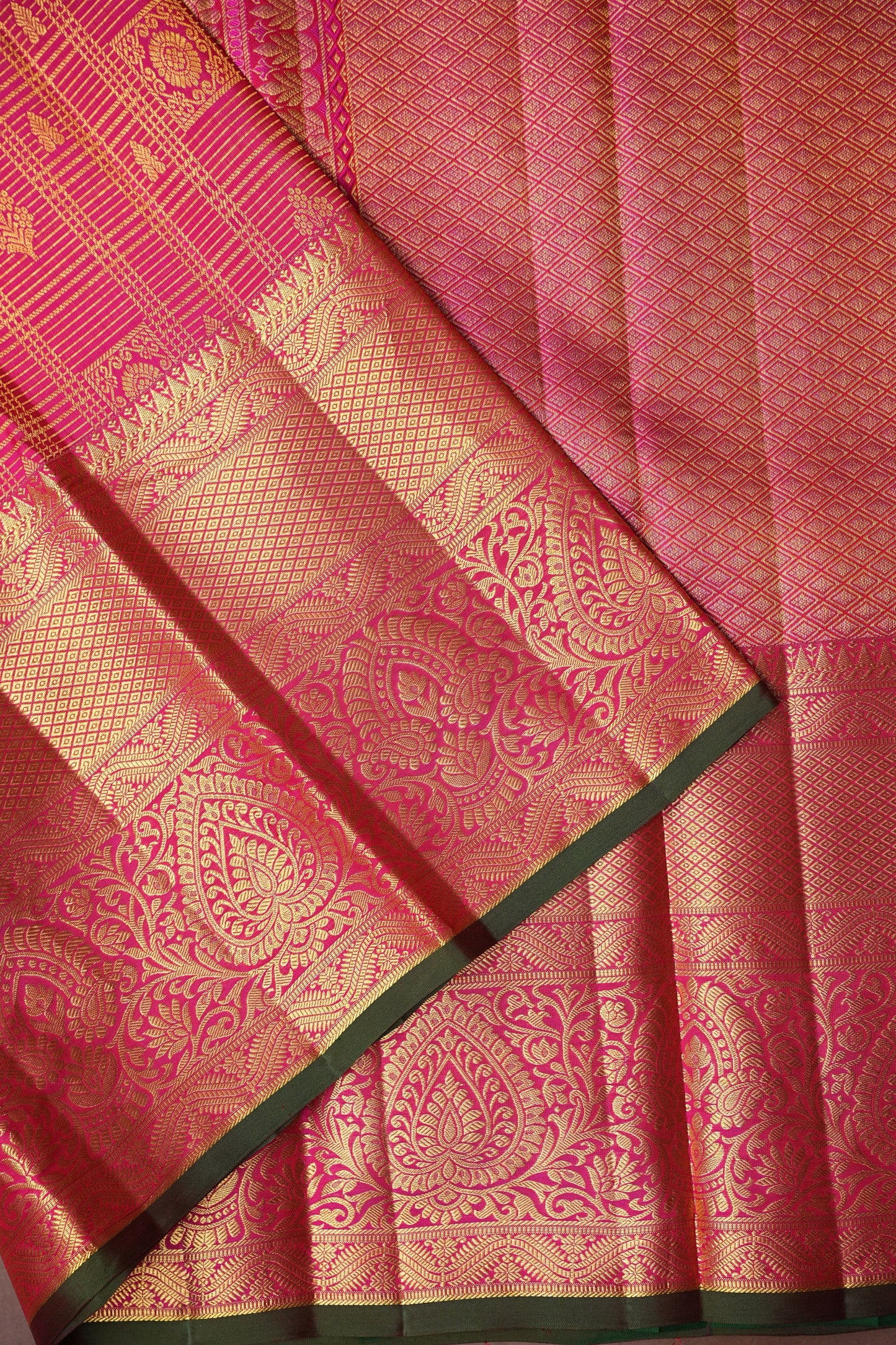 Pure Kanchipuram Brocade Silk Saree - Hot Pink & Green| Silk Mark Certified