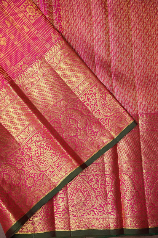 Pure Kanchipuram Brocade Silk Saree - Hot Pink & Green| Silk Mark Certified