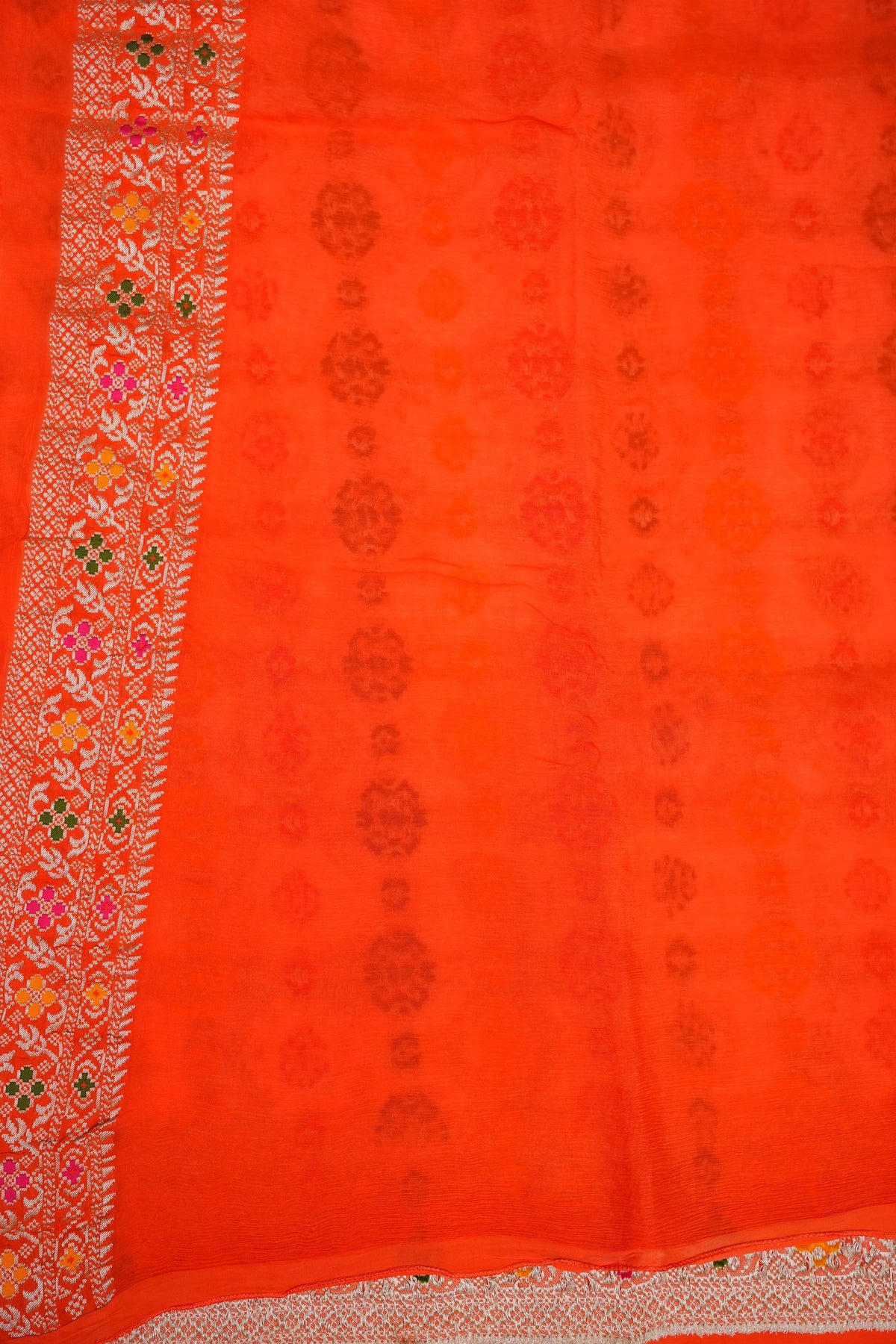 Heavy Georgette Banarasi Saree with Geometric Jaal Weaving – White & Bright Orange
