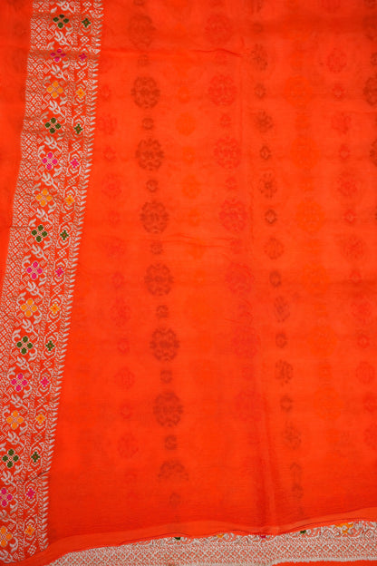Heavy Georgette Banarasi Saree with Geometric Jaal Weaving – White & Bright Orange