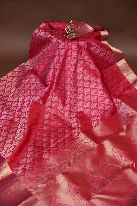 Pure Kanchipuram Brocade Silk Saree - Hot Pink & Soft Gold Zari| Silk Mark Certified