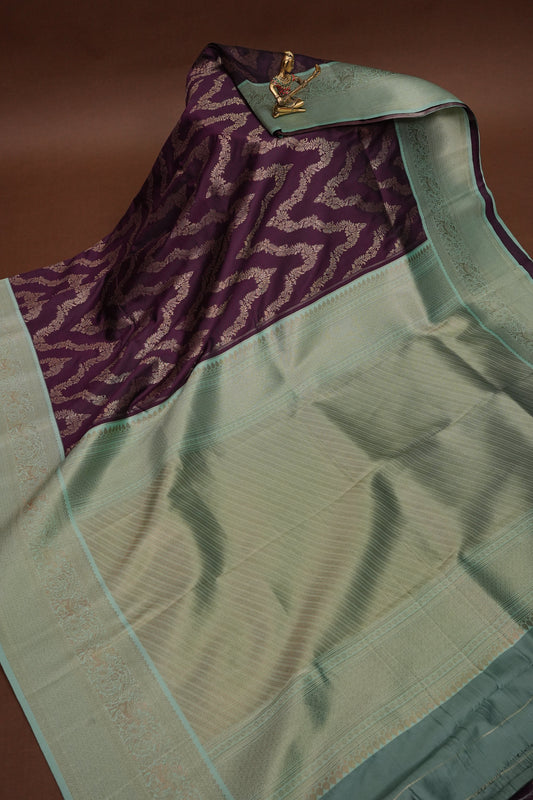 Kanchivaram Semi Silk Saree - Deep Purple with Sea Green