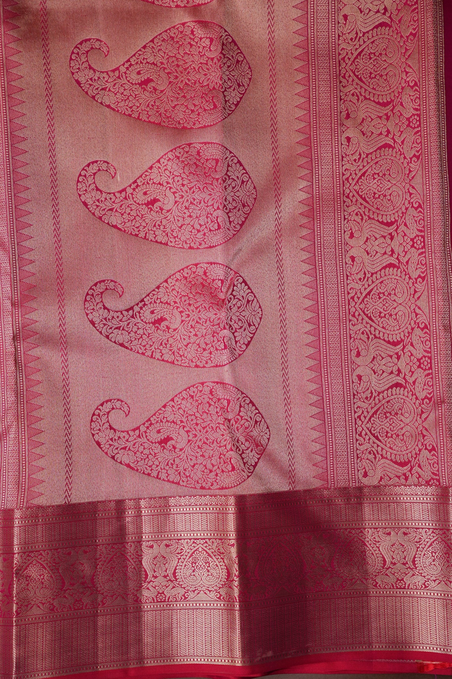 Pure Kanchipuram Brocade Silk Saree - Hot Pink & Soft Gold Zari| Silk Mark Certified