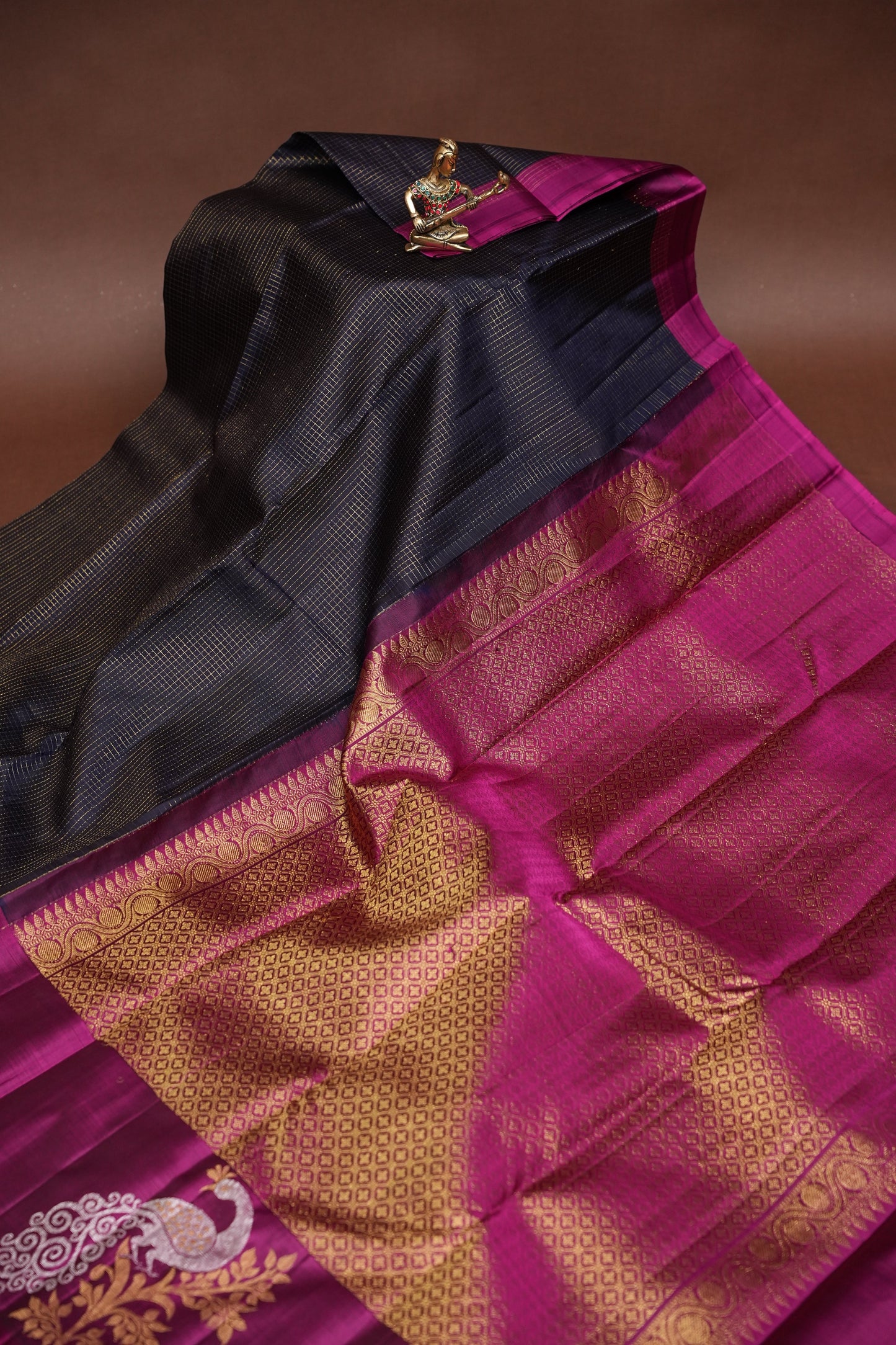 Pure Kanchipuram Brocade Silk Saree - Deep Navy Blue & Purple Border| Silk Mark Certified