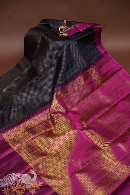 Pure Kanchipuram Brocade Silk Saree - Deep Navy Blue & Purple Border| Silk Mark Certified