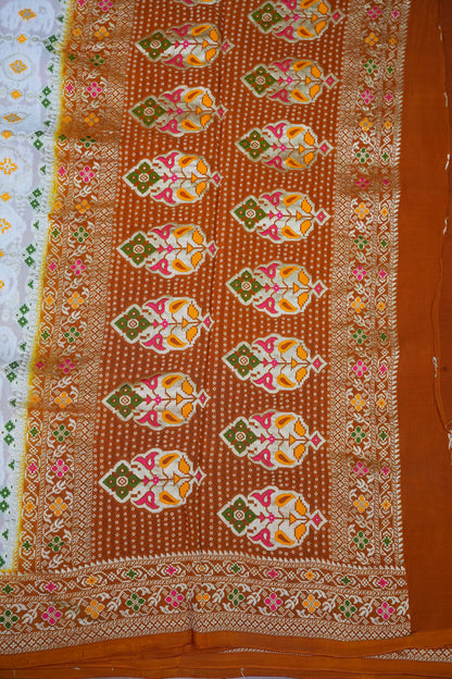 Heavy Georgette Banarasi Saree with Geometric Jaal Weaving – White & Mustard