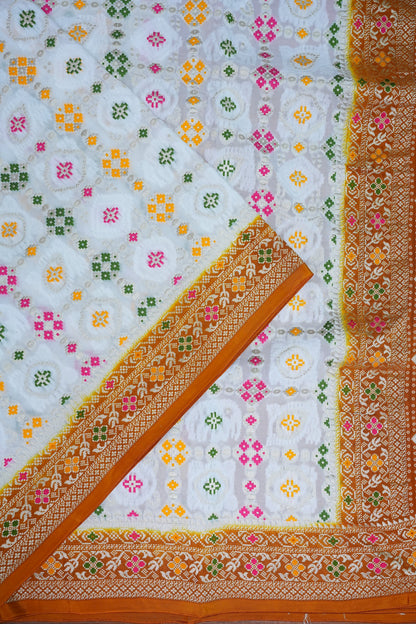 Heavy Georgette Banarasi Saree with Geometric Jaal Weaving – White & Mustard