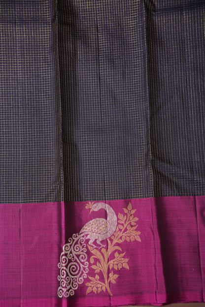 Pure Kanchipuram Brocade Silk Saree - Deep Navy Blue & Purple Border| Silk Mark Certified