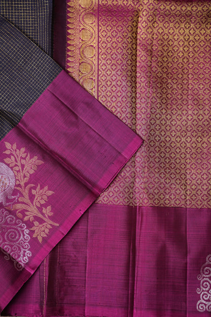 Pure Kanchipuram Brocade Silk Saree - Deep Navy Blue & Purple Border| Silk Mark Certified