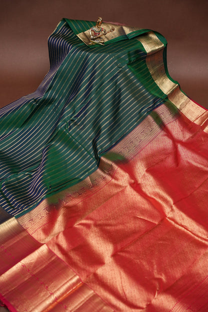 Pure Kanchipuram Silk Saree - Emerald Green & Orange| Silk Mark Certified