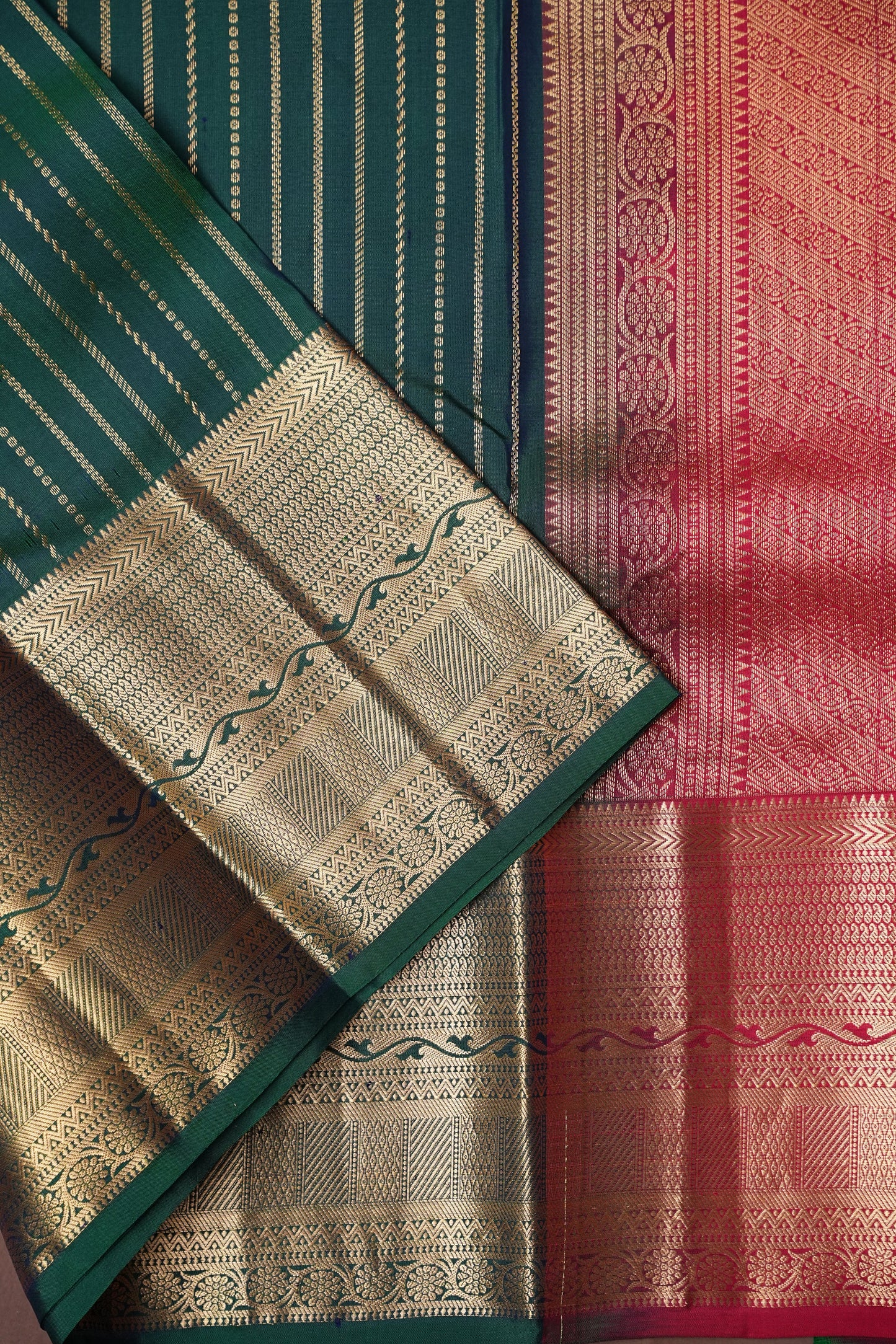Pure Kanchipuram Silk Saree - Emerald Green & Orange| Silk Mark Certified