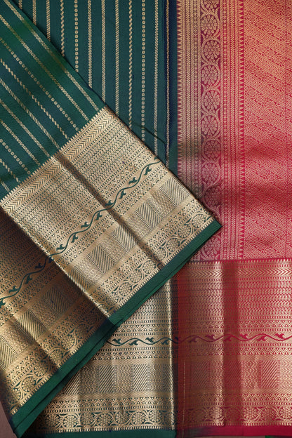 Pure Kanchipuram Silk Saree - Emerald Green & Orange| Silk Mark Certified