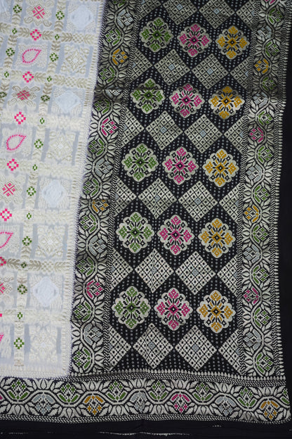 Heavy Georgette Banarasi Saree with Geometric Jaal Weaving – White & Black