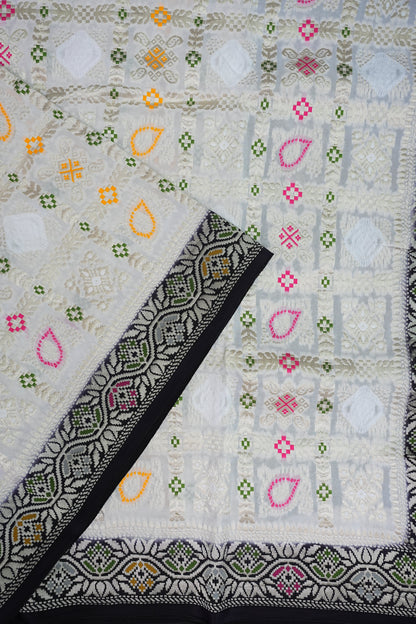 Heavy Georgette Banarasi Saree with Geometric Jaal Weaving – White & Black
