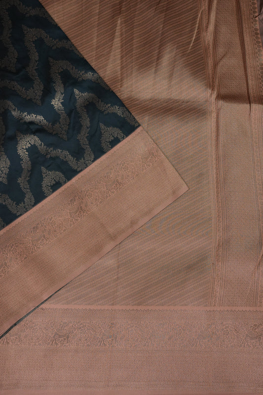 Kanchivaram Semi Silk Saree - Peacock Blue with Peach