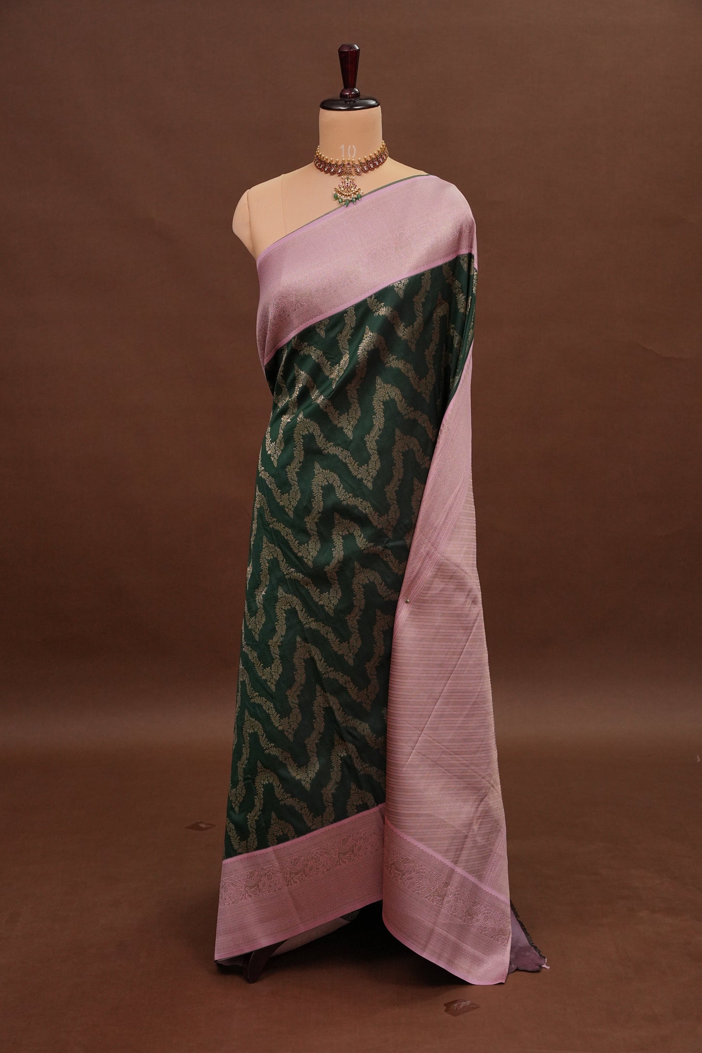 Kanchivaram Semi Silk Saree - Emerald Green with Baby Pink